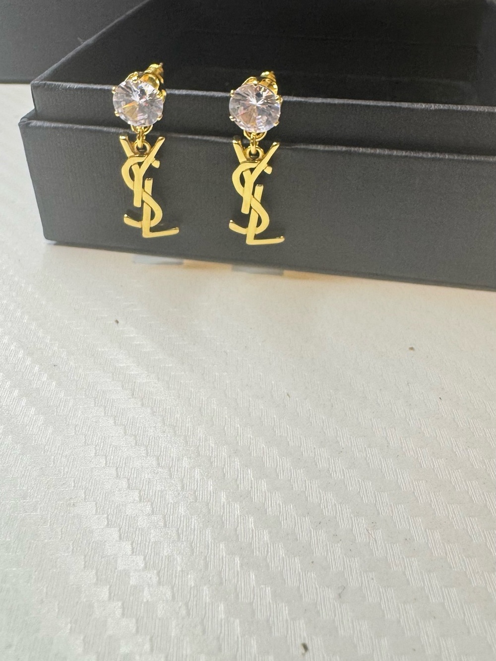 Saint Laurent Gold Logo Drop Earrings with Clear Crystal Studs